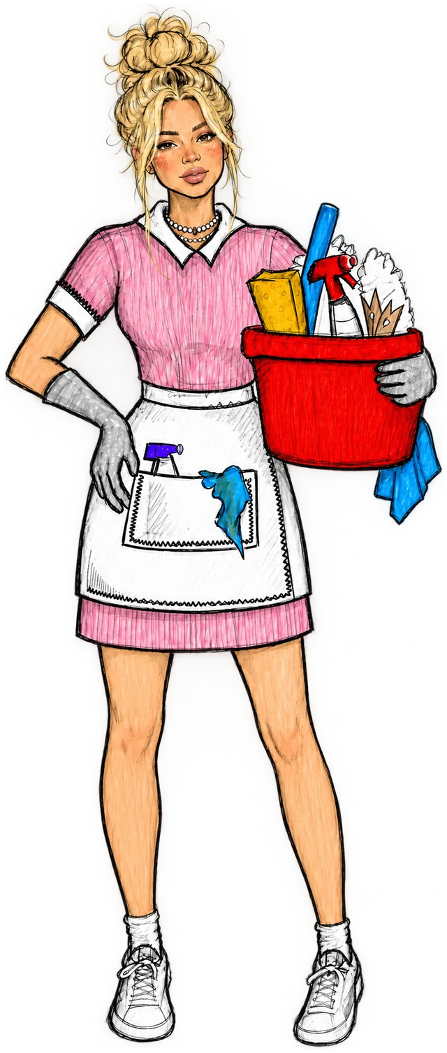 Hand-drawn illustration of a friendly cleaner in a pink uniform carrying a bucket of cleaning supplies
