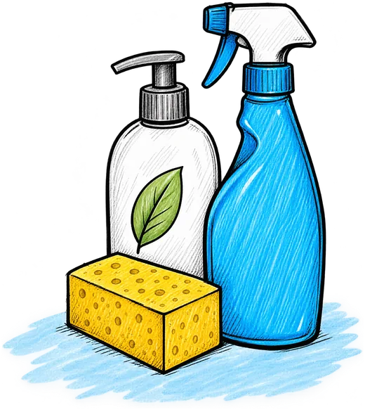 Hand-drawn eco cleaning products and a sponge