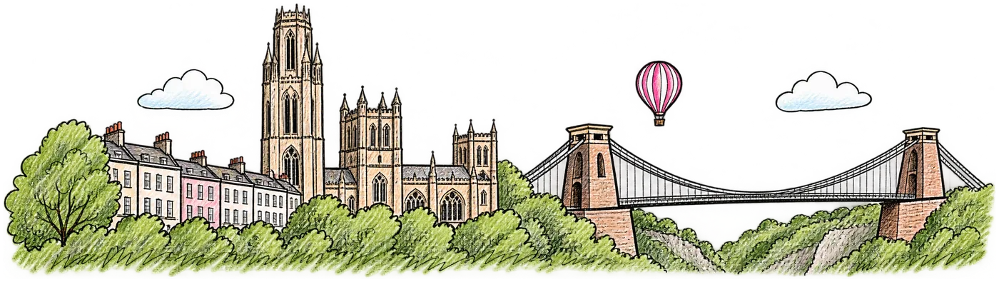 Hand-drawn Bristol skyline with the Clifton Suspension Bridge and a hot-air balloon